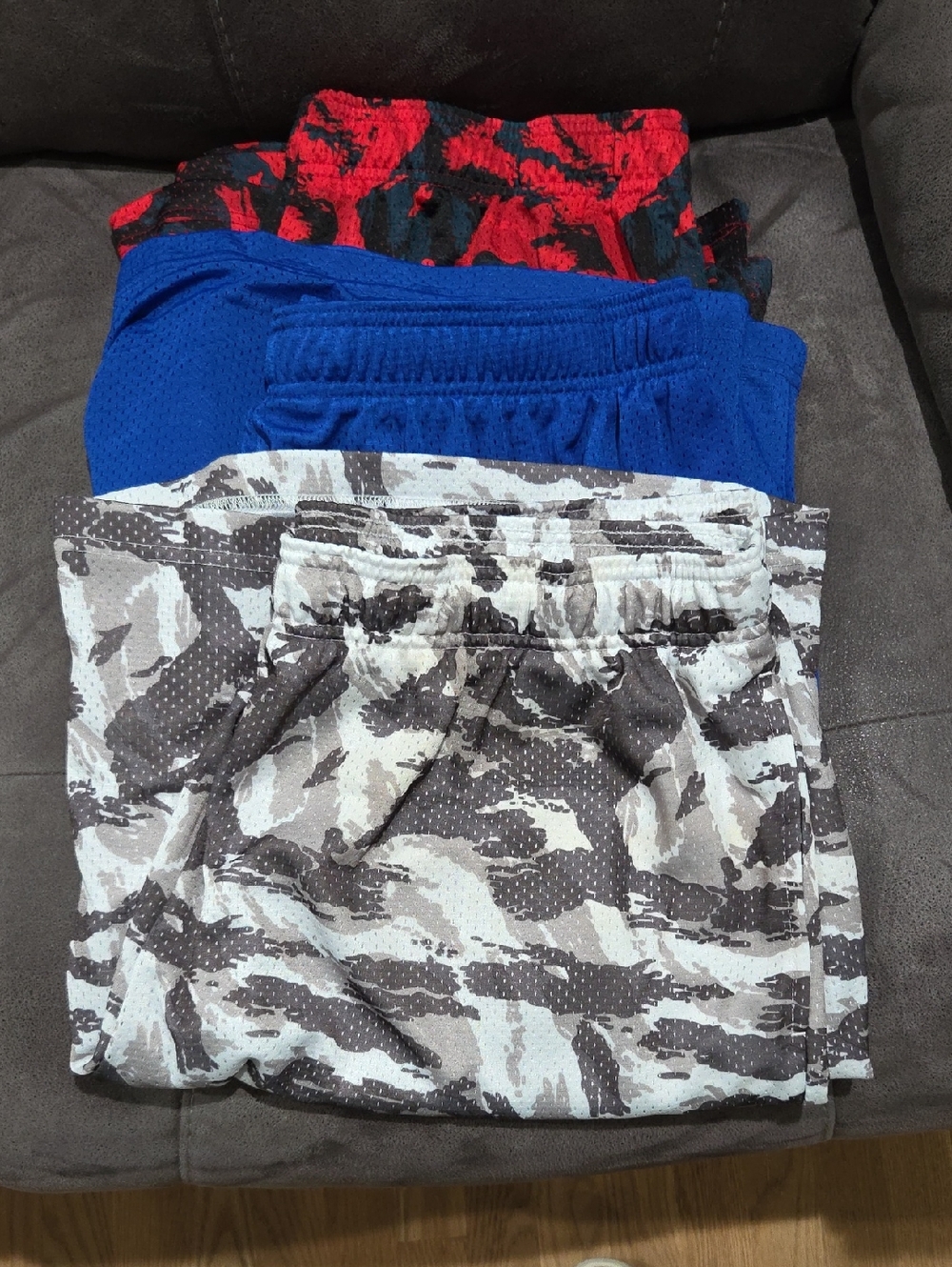 Xersion Men's Athletic Shorts 3-Pack - Gray Camo, Blue & Red Camo